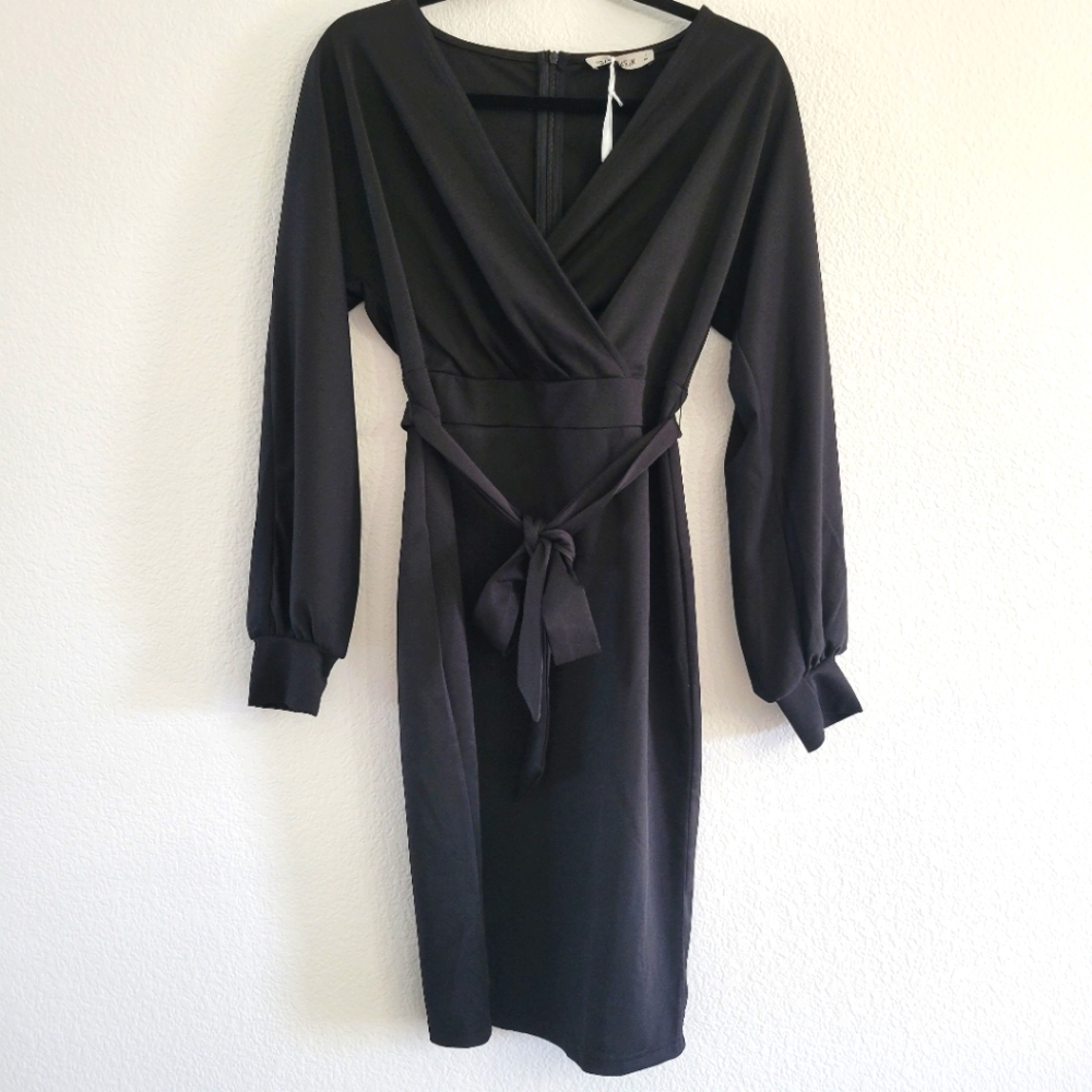 NWT Grace Karin sz Small Surplice Top Tie Waist Long Sleeve Little Black Dress